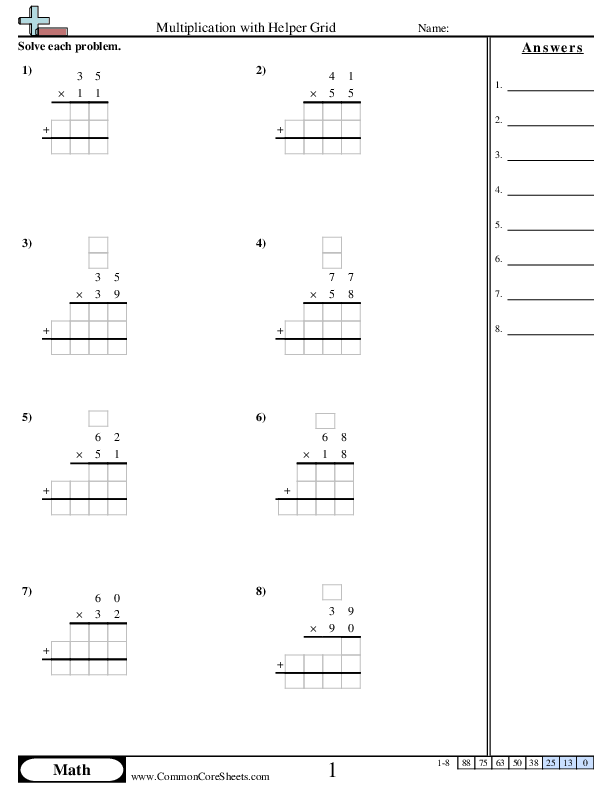 4.nbt.5 Worksheets - Multiplication with Helper Grid worksheet